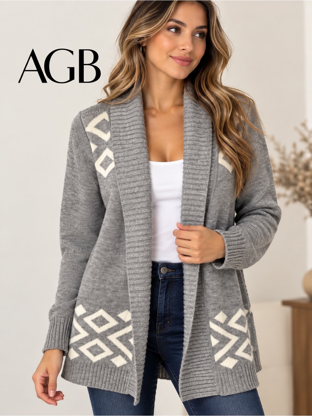 AGB Gray Aztec Geometric Open-Front Cardigan Sweater Size S